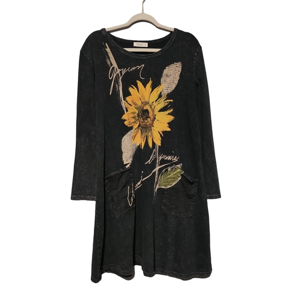 Jess & Jane Dresses & Skirts - JESS & JANE Mineral Wash Sunflower Long Sleeve Lagenlook Dress XL Patch Pockets